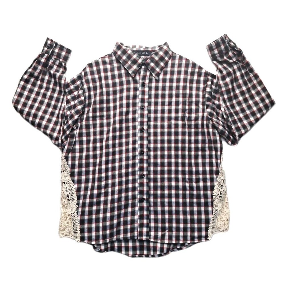 Women's Plaid Shirt Crochet Long Sleeve Top Size M Collared Buttom Up Western